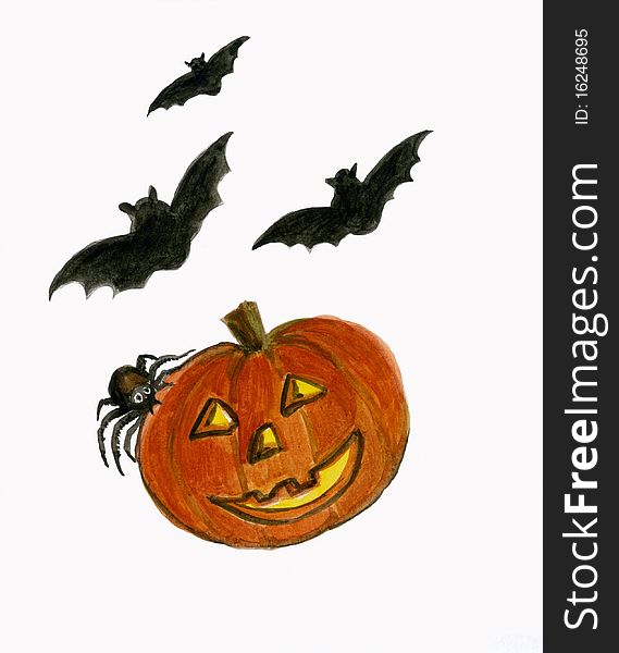 A carved Halloween Pumpkin with Smiley Face Bats and a Spider. A carved Halloween Pumpkin with Smiley Face Bats and a Spider