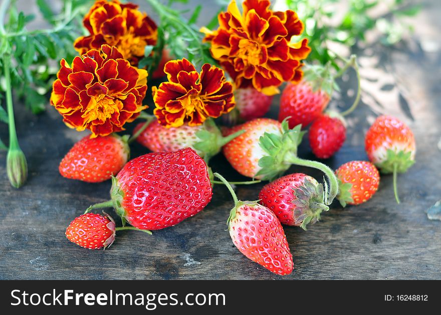Red strawberry and marigolds on a table