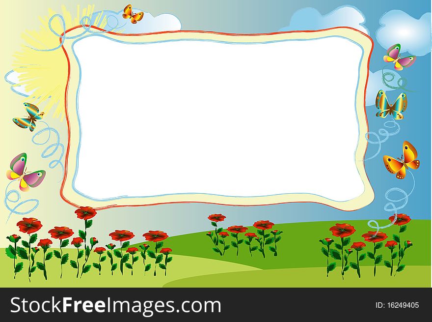 Summer frame with poppies,butterflies and sky.