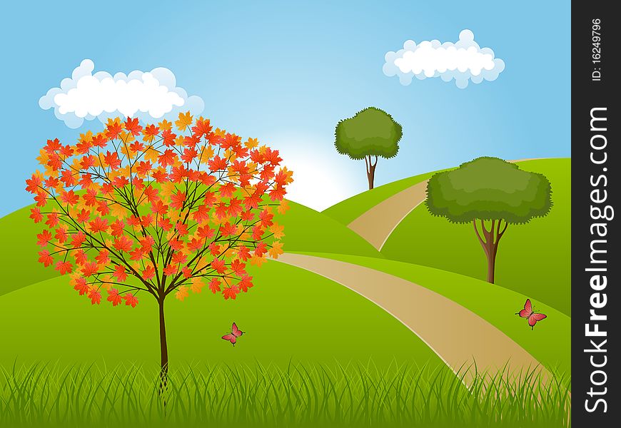 Nature background with a autumn landscape. Vector illustration.