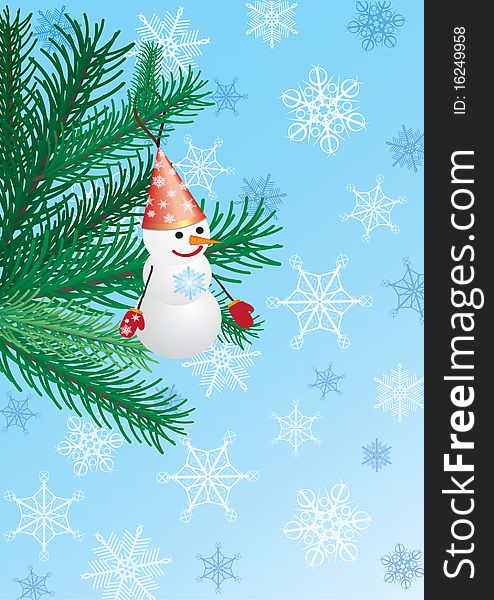 Funny snowman on a christmas tree on a blue background