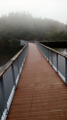 Footbridge, Path Of Life, Forest, Autumn, Breathe Life, Lake, Pond, Landscape, Gray And Silver Sky. Stock Images