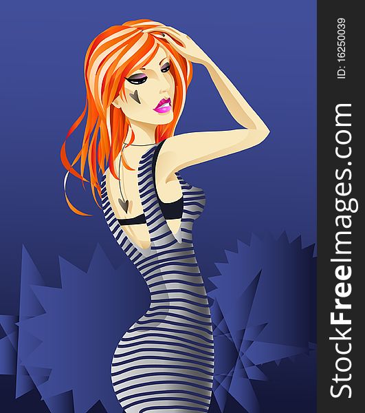 Redhead girl in striped. Vector illustration