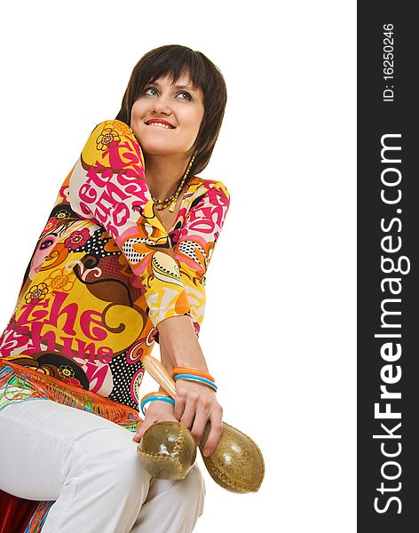 Beauty girl with maracas on white background. Beauty girl with maracas on white background