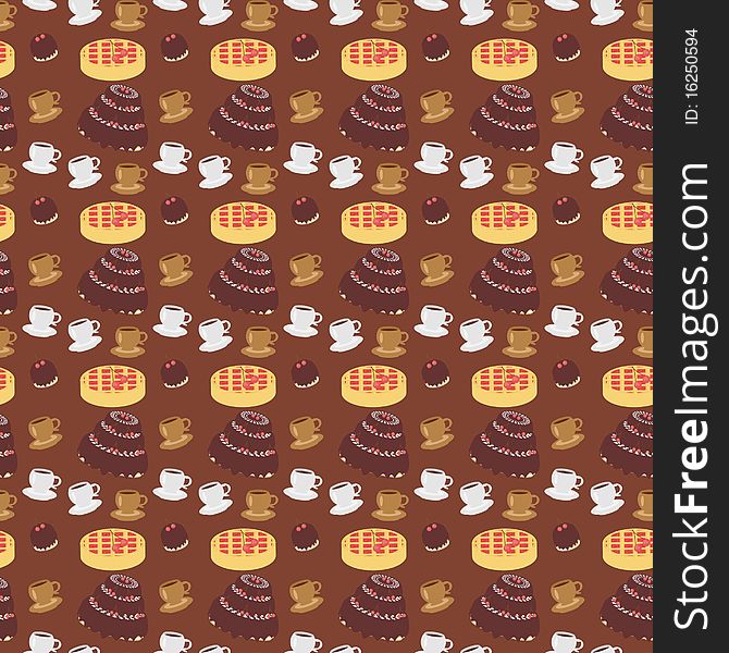 Seamless backgrouns with coffee and cakes on brown