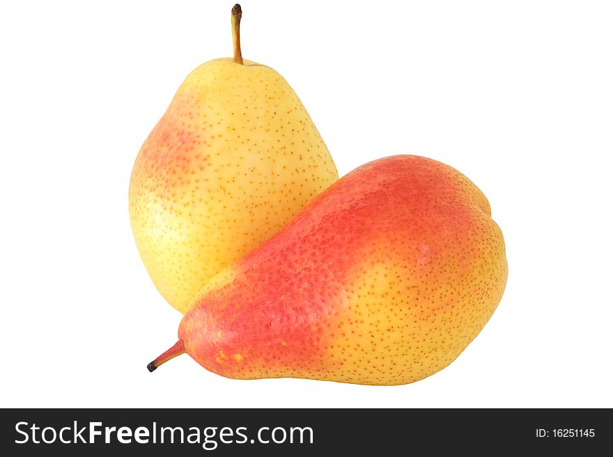 Two ripe pears on a white background