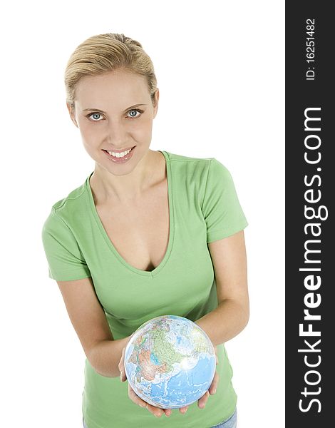 Young woman holding the globe in both hands. Young woman holding the globe in both hands