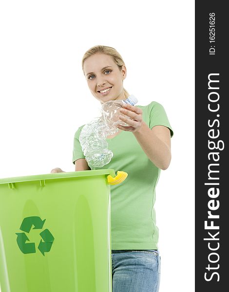 Young woman recycling on white background