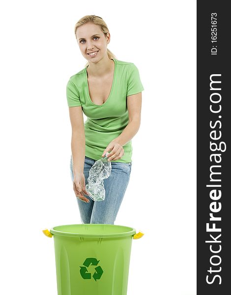 Young woman recycling on white background