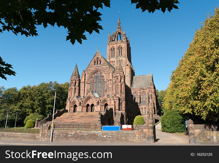 Thomas Coats Memorial Church in Paisley, Scotland. This red sandstone church was funded by a textile industrialist whose mills dominated the town. Generations of stonemasons served their apprenticeships on its construction. Thomas Coats Memorial Church in Paisley, Scotland. This red sandstone church was funded by a textile industrialist whose mills dominated the town. Generations of stonemasons served their apprenticeships on its construction.