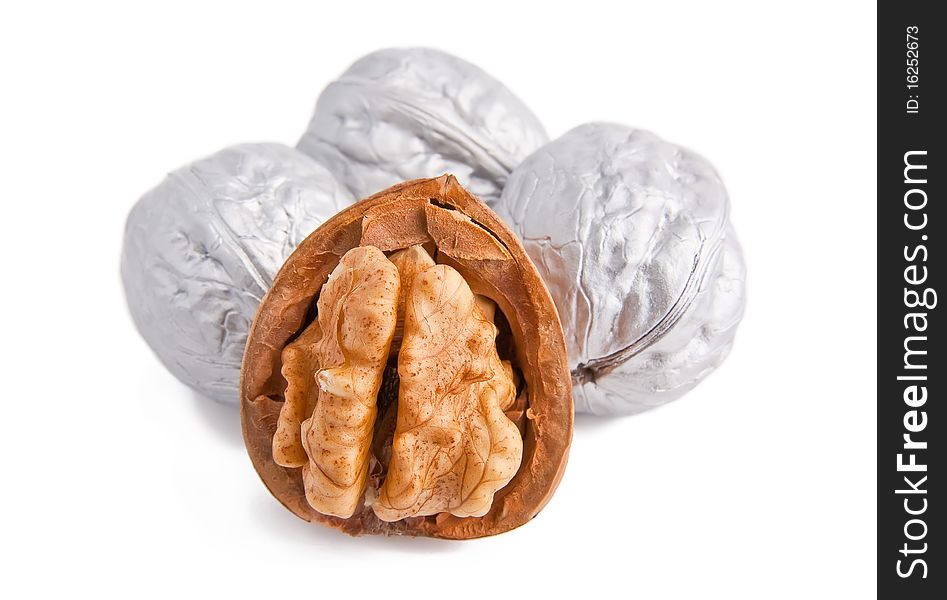 Isolated silver walnuts with the kernel.