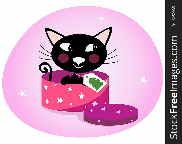 Christmas kitten as a present in gift box. Vector Illustration. Christmas kitten as a present in gift box. Vector Illustration.