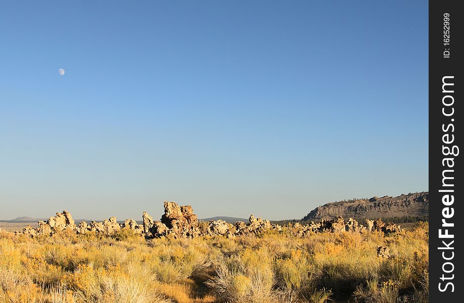 The moon rises above tufa towers at Mono Lake. The moon rises above tufa towers at Mono Lake