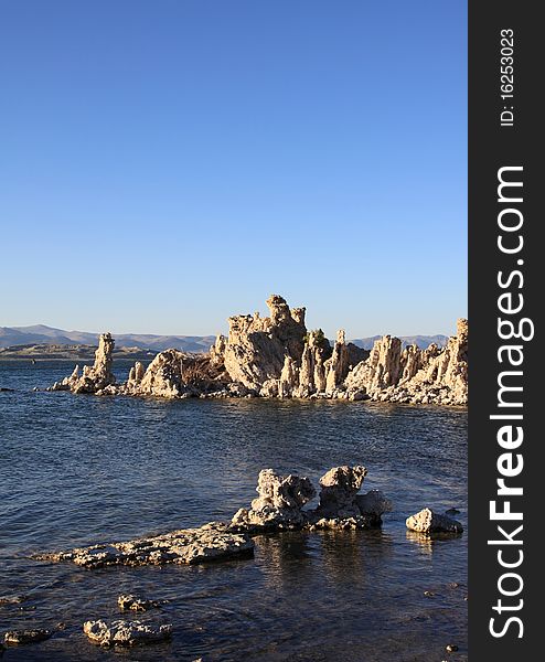 Tufa towers rise out of Mono Lake. The towers are created by the injection of mineral-rich freshwater into the alkaline lake water. Tufa towers rise out of Mono Lake. The towers are created by the injection of mineral-rich freshwater into the alkaline lake water