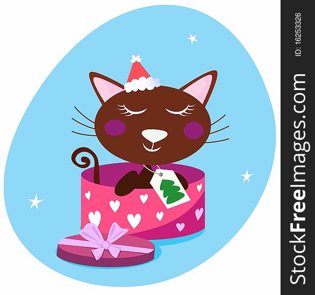 Christmas cat in pink gift box. Vector Illustration. Christmas cat in pink gift box. Vector Illustration.