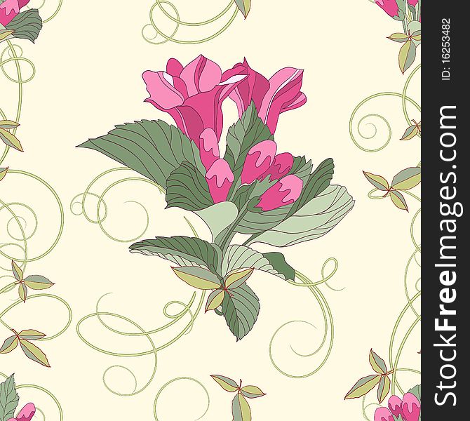 Pink flowers with tendrills, seamless pattern