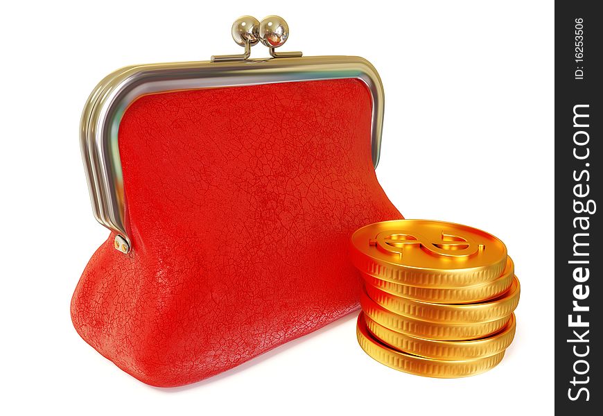 Gold coin and red purse on white isolated. Gold coin and red purse on white isolated