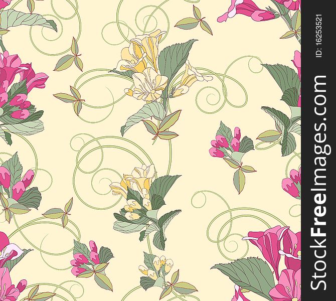 Pink flowers with tendrills, seamless pattern