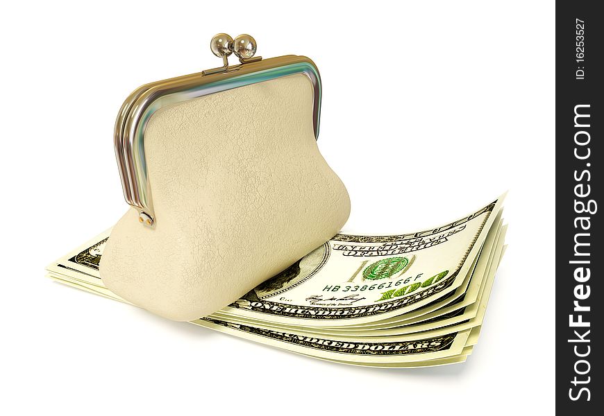 Money and white purse isolated