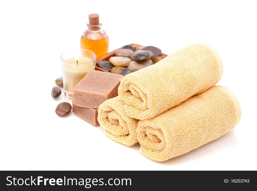 Various spa objects on white background