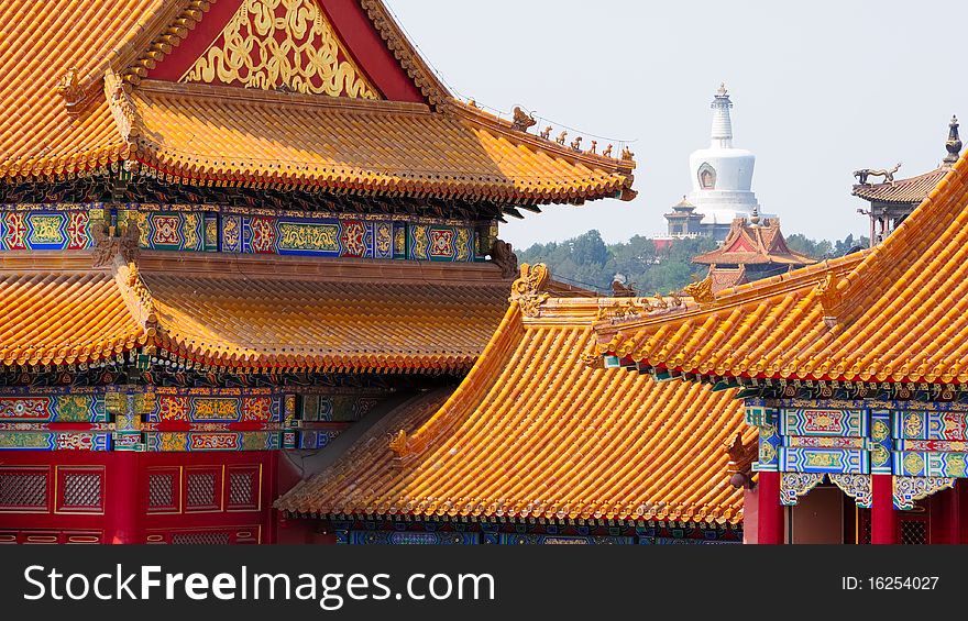 Detail of the ornaments on the walls of the buildings of the forbidden city with a pagoda in the background of the park Beihai. Detail of the ornaments on the walls of the buildings of the forbidden city with a pagoda in the background of the park Beihai