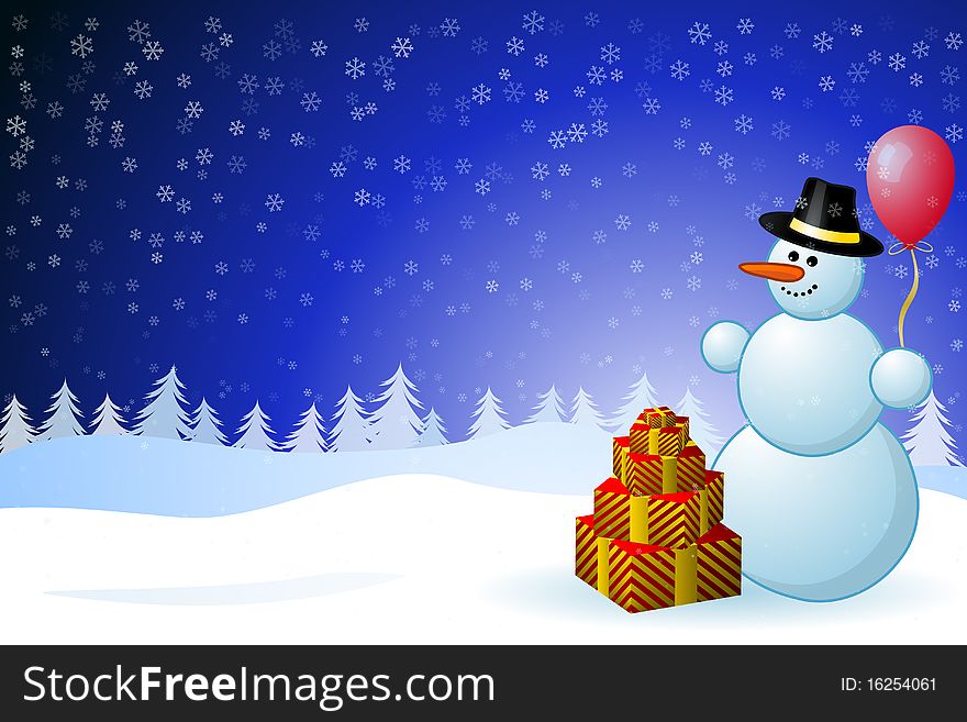 Graphic illustration Snowman with Gift Boxes