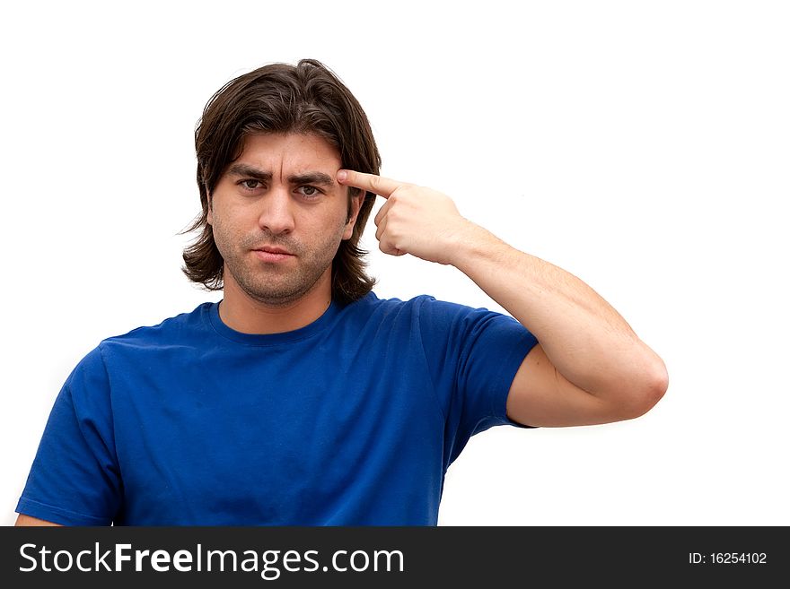 Man pointing finger at head