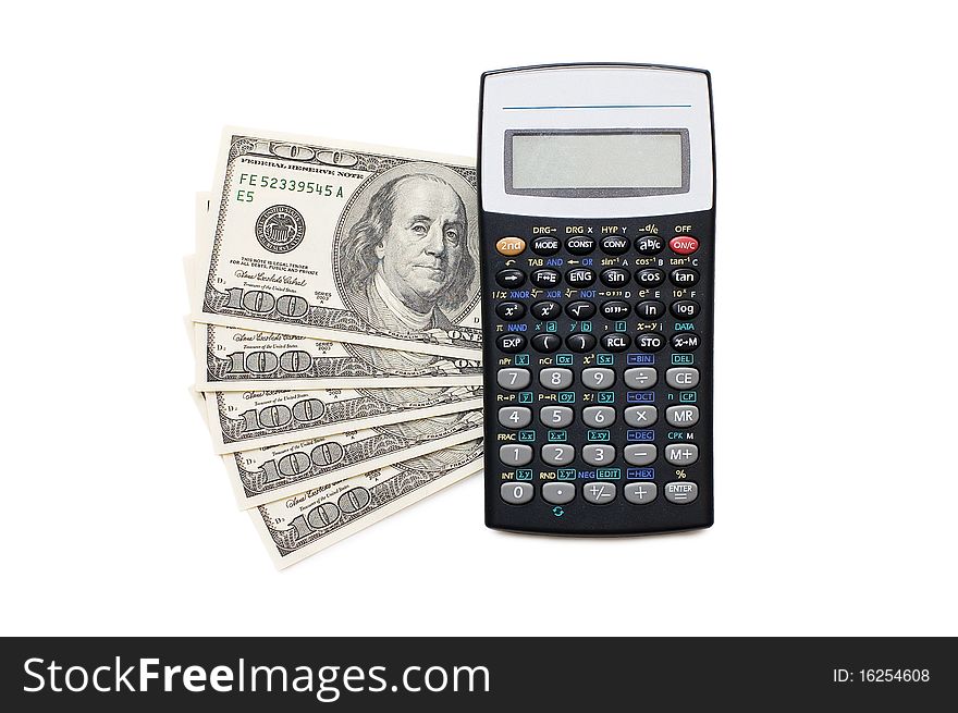 Calculator and money isolated on white background