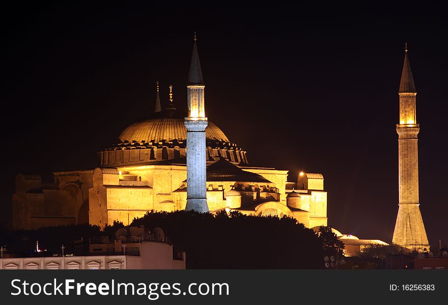 A view of Hagia Sophia at night in istanbul, Turkey. A view of Hagia Sophia at night in istanbul, Turkey.