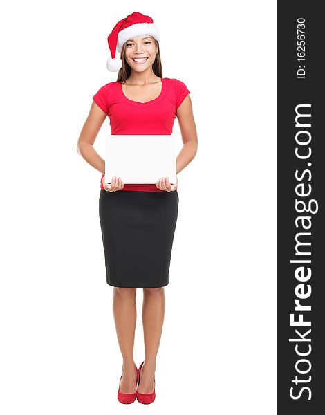 Santa woman showing sign standing in full body isolated wearing santa hat. Mixed Asian / Caucasian model. Santa woman showing sign standing in full body isolated wearing santa hat. Mixed Asian / Caucasian model.