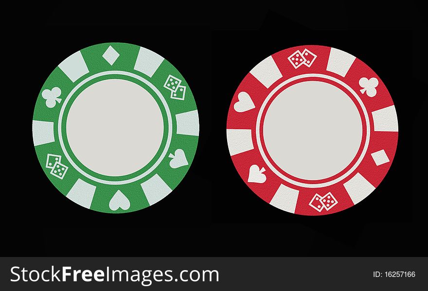 Two casino style gambling chips, green and red, against a clean black background. Two casino style gambling chips, green and red, against a clean black background