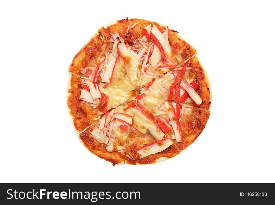 Close up of a crab meat pizza isolated on white background.