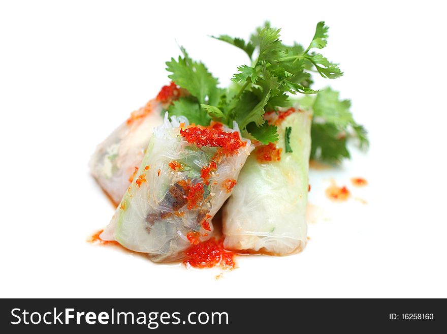 Close up of Chinese spring rolls (popia) isolated on white background.