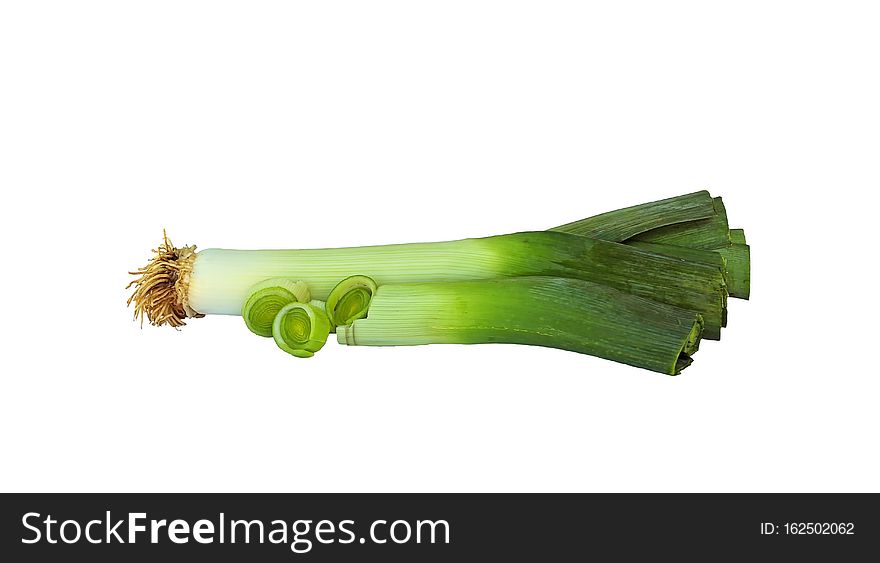 Whole and sliced leek isolated on a white background