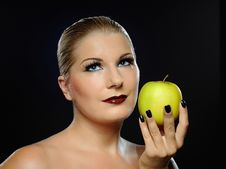 Beautiful Woman With Bright Make-up,apple Royalty Free Stock Photo Beautiful Woman With Bright Make-up,apple Royalty Free Stock Photo