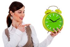 Lady Pointing At Alarm Clock Stock Photo Lady Pointing At Alarm Clock Stock Photo