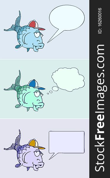 Three illustration of a funny cartoon character fish