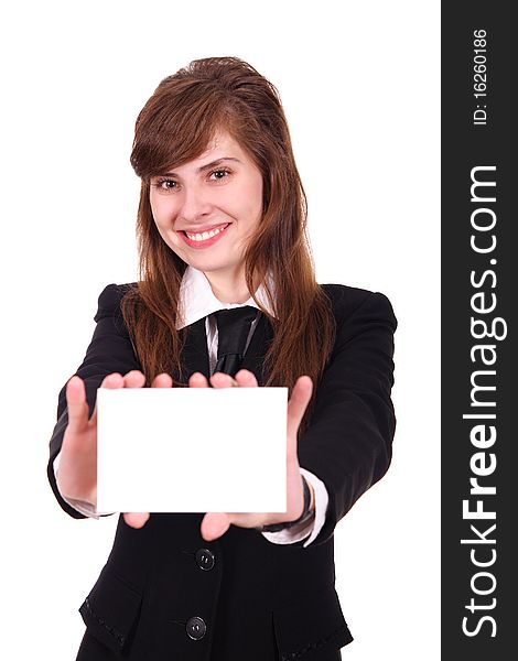 Young business woman with business card on a white background. Young business woman with business card on a white background