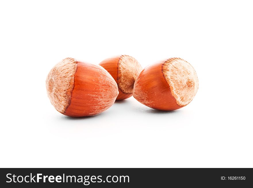 Three hazelnuts isolated on white