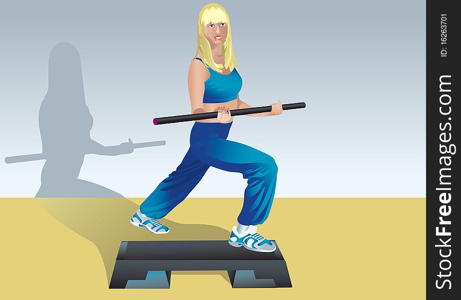 Vector illustration about aerobics and fitness
pretty girl doing exercises with the body bar and the step