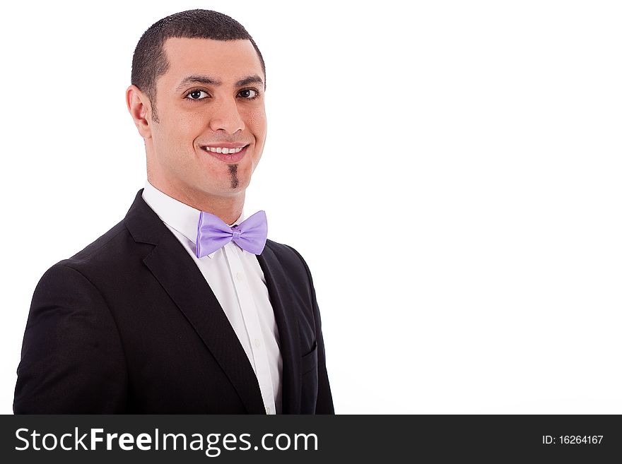 Closeup of a friendly business man in a white isolated background