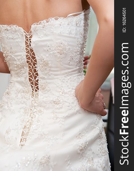 Bride's back of beautiful wedding dress