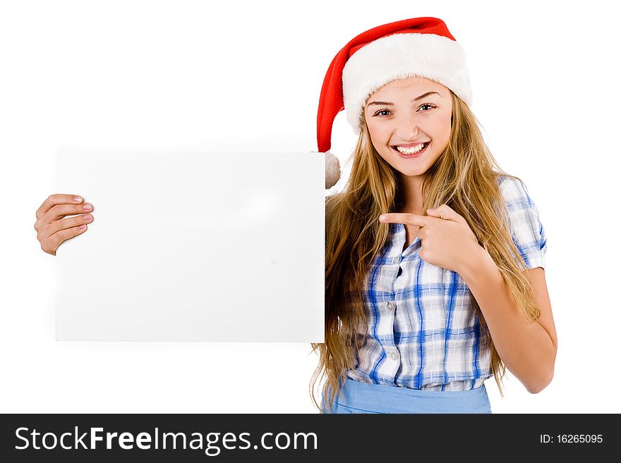Santa women pointing at the white board on a isolated background