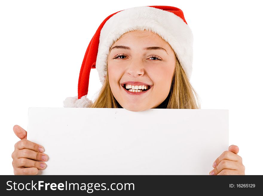 Women with santa cap smiling and holding a blank board on a white background