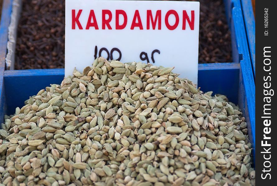 Seeds of cardamom  in the market close up