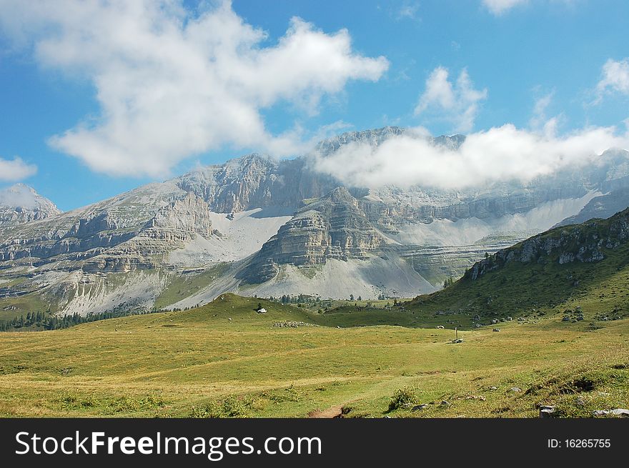 Rocky mountains in national park Adamello, Brenta Dolomites in summer. Rocky mountains in national park Adamello, Brenta Dolomites in summer.