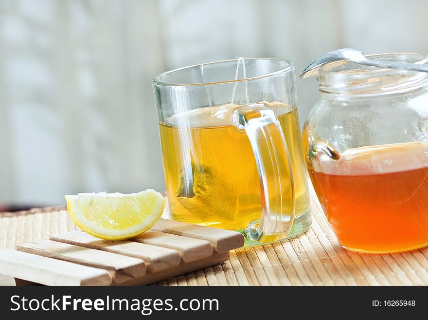 Green tea healthy drink, lemon and honey. Green tea healthy drink, lemon and honey