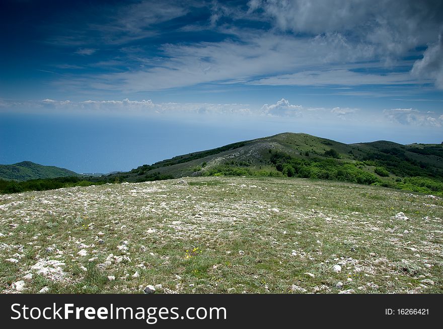 Mountain landscape with view of blue sky