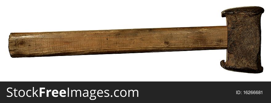 Vintage rusty sledge hammer with the wooden handle on a white background