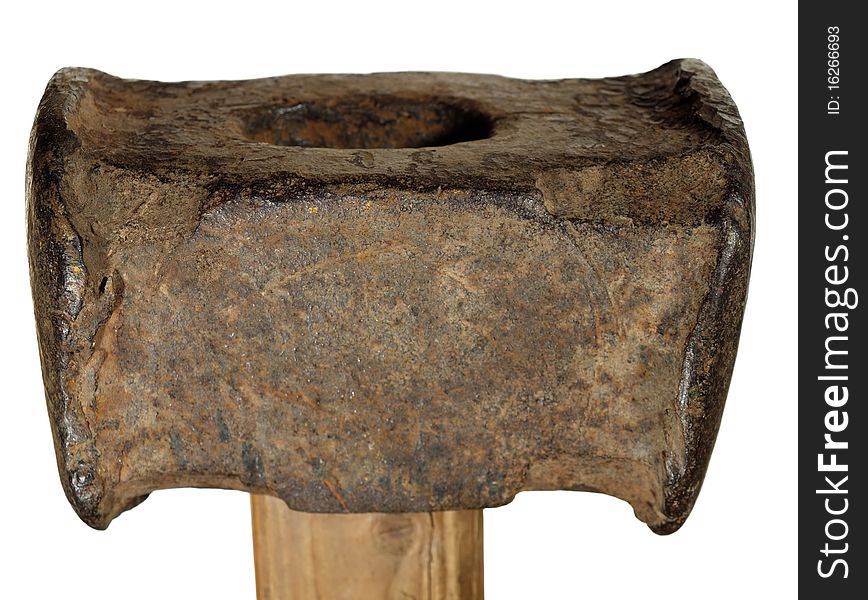 Vintage rusty sledge hammer with the wooden handle on a white background